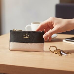 Kate Spade New York Cameron Street M. Saffiano Leather Blk/Tan Wallet Bifold EUC